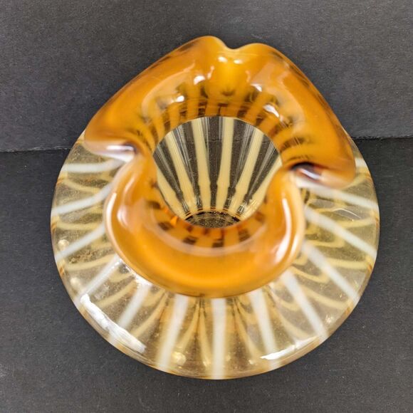 Fenton Amber Gold 5" Glass Vase White Opalescent Striped Art Glass - Picture 3 of 7